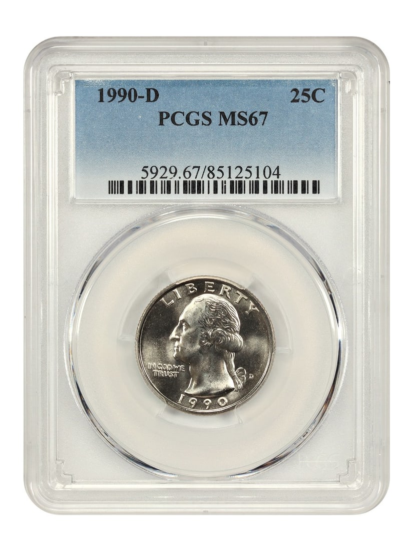 Washington Quarter 1990-D 25C PCGS MS67 Uncirculated: Washington Quarter 1990-D 25C PCGS MS67 Uncirculated 1990-D Washington Quarter, certified by PCGS and graded MS67. This uncirculated 25C coin was minted in Denver and is identified by certification nu