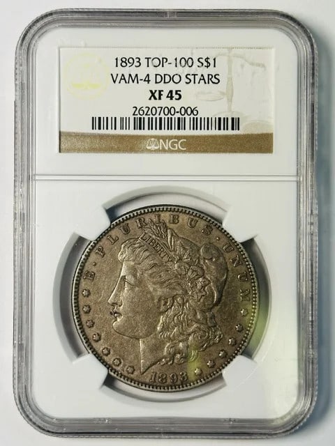 1893 NGC XF-45 Morgan Dollar VAM-4 DDO Stars: 1893 NGC XF-45 Morgan Dollar VAM-4 DDO Stars This 1893 Morgan Silver Dollar has been certified by NGC and graded XF-45. It features the VAM-4 variety with doubled stars (DDO STARS) and is composed of 