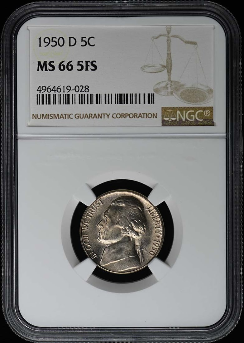 1950-D Jefferson Nickel NGC MS66 5FS Uncirculated Denver Coin: 1950-D Jefferson Nickel NGC MS66 5FS Uncirculated Denver Coin This 1950-D Jefferson Nickel is certified by NGC with a remarkable grade of MS66, indicating its uncirculated condition. Minted in Denver,