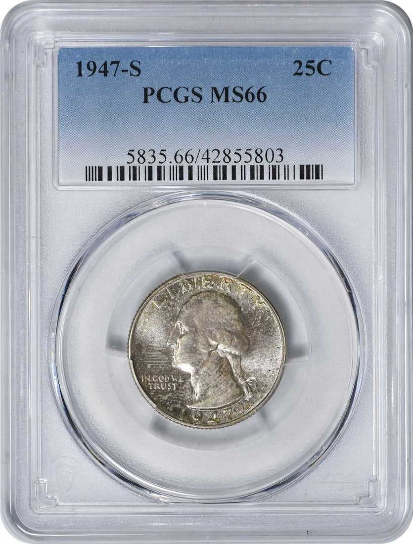 PCGS MS66 1947-S Washington Quarter 90% Silver Light Grey Toned: PCGS MS66 1947-S Washington Quarter 90% Silver Light Grey Toned This 1947-S Washington Quarter is composed of 90% silver and 10% copper, minted in San Francisco. Graded MS66 by PCGS, the coin features