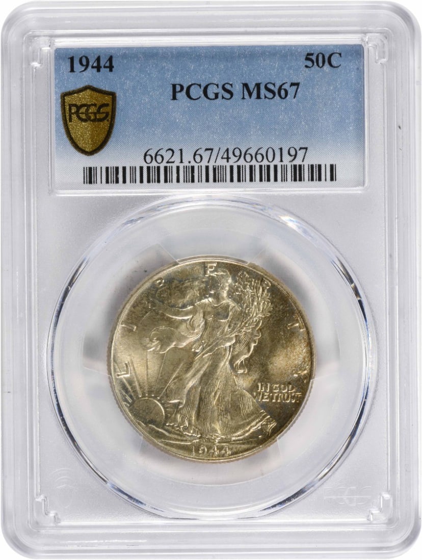 1944 Walking Liberty Silver Half Dollar MS67 PCGS Uncirculated: 1944 Walking Liberty Silver Half Dollar MS67 PCGS Uncirculated This 1944 Walking Liberty Silver Half Dollar is a stunning example of numismatic artistry, graded MS67 by PCGS. The coin showcases the ic
