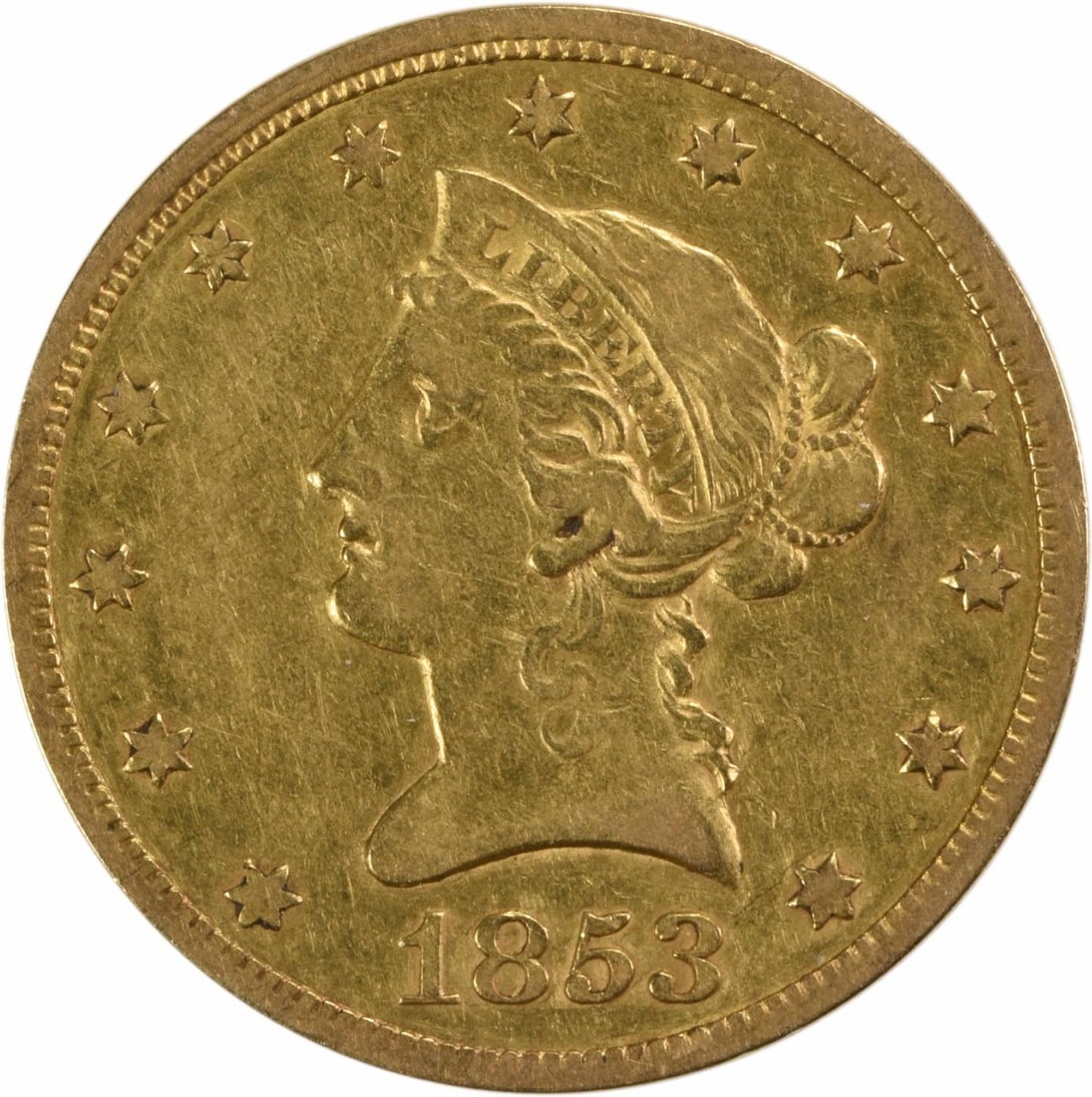 1853 $10 Gold Liberty Head Coin by Christian Gobrecht Uncertified XF (1 of 2)