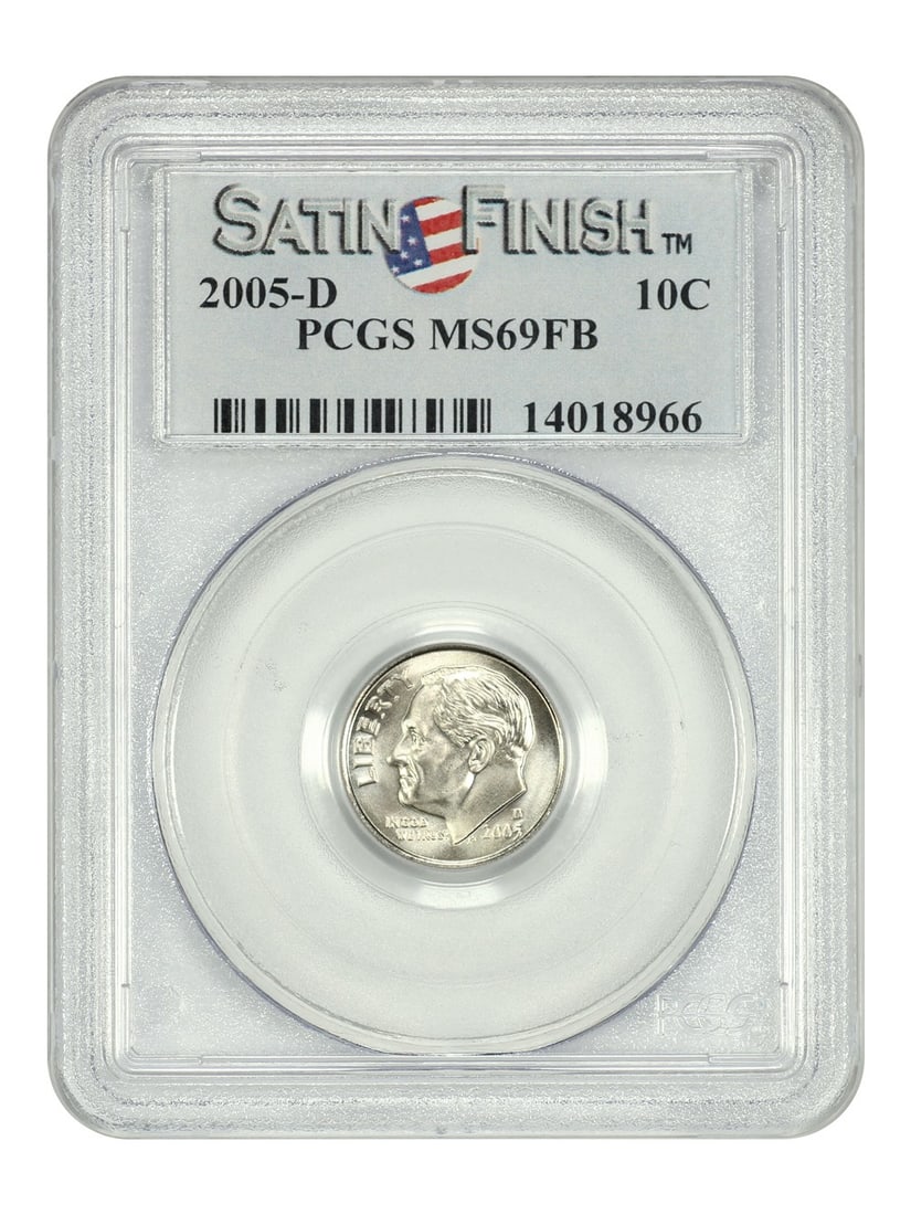 PCGS SP69FB 2005-D Roosevelt Dime Satin Finish 10C: PCGS SP69FB 2005-D Roosevelt Dime Satin Finish 10C 2005-D Roosevelt Dime graded SP69FB by PCGS with a satin finish. The coin is uncirculated and certified by PCGS, with certification number 14018966. 