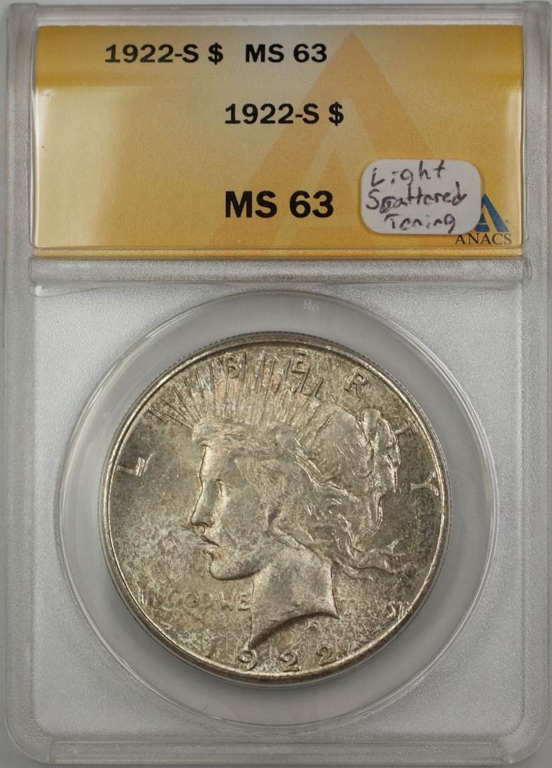 ANACS MS 63 1922-S Peace Dollar Silver Coin with Light Toning: ANACS MS 63 1922-S Peace Dollar Silver Coin with Light Toning This 1922-S Peace Silver Dollar features light scattered toning and has been graded MS 63 by ANACS. Minted in San Francisco, this pre-owne