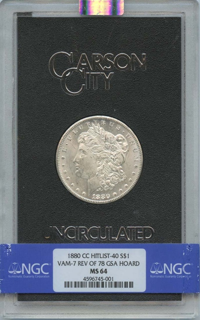 NGC MS64 1880 Carson City Morgan Dollar VAM-7 Reverse of 78 GSA Hoard: NGC MS64 1880 Carson City Morgan Dollar VAM-7 Reverse of 78 GSA Hoard This is an 1880-CC Morgan Dollar VAM-7 with Reverse of 1878, part of the GSA Hoard, certified by NGC with a grade of MS64. The coi