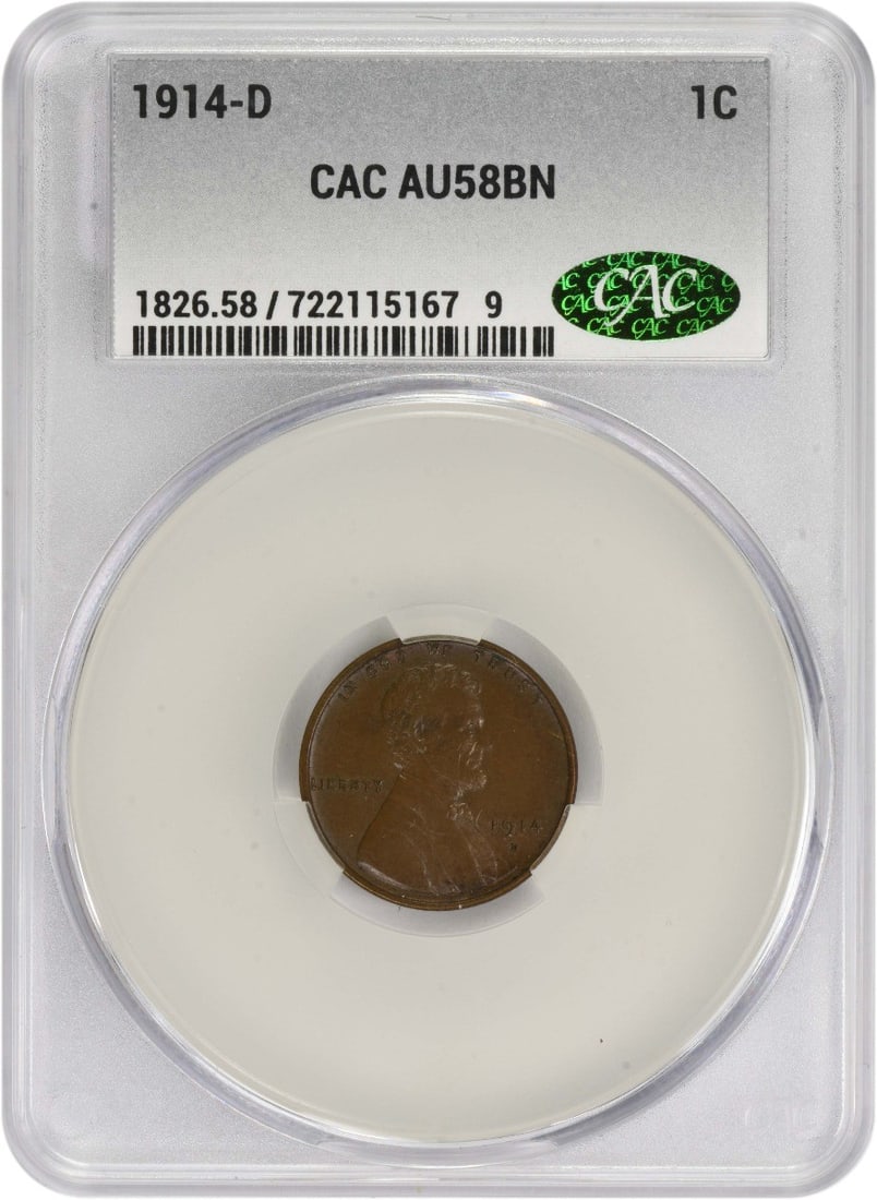 AU58 CACG 1914-D Lincoln Wheat Copper Small Cent: AU58 CACG 1914-D Lincoln Wheat Copper Small Cent This 1914-D Lincoln Wheat Cent is a circulated coin graded AU58BN by CACG. Struck in copper, it originates from the Denver Mint and belongs to the Unit