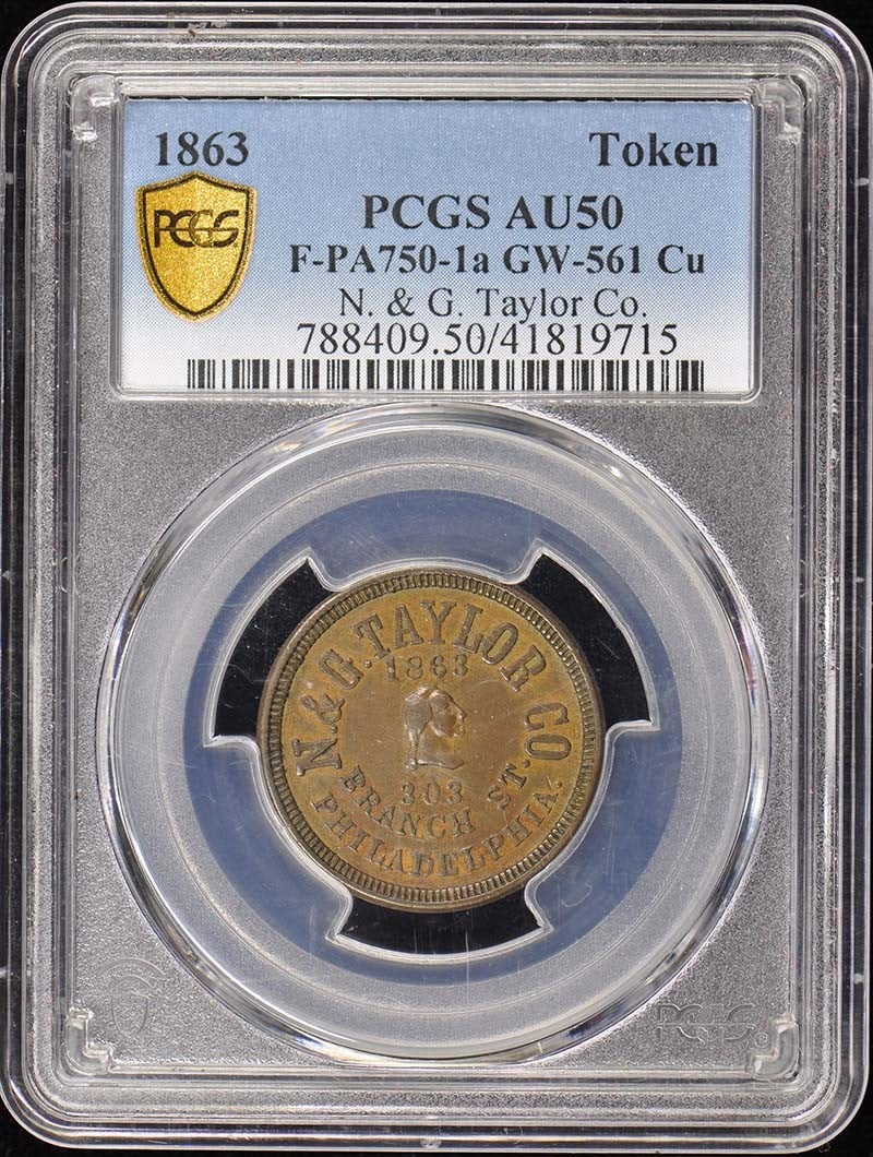 1863 N and G Taylor Co Token F-PA750-1a GW-561 PCGS AU50: 1863 N and G Taylor Co Token F-PA750-1a GW-561 PCGS AU50 1863 copper token from the United States, identified as N. & G. Taylor Co. It is graded AU50 by PCGS and is in pre-owned, circulated condition.
