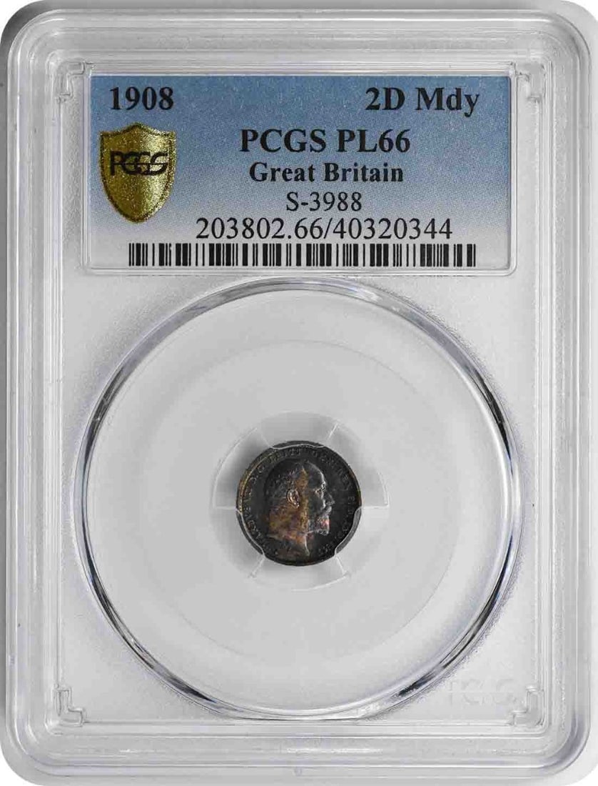 PCGS SP66 1908 United Kingdom Maundy 2 Pence Coin: PCGS SP66 1908 United Kingdom Maundy 2 Pence Coin This 1908 Great Britain 2 Pence Maundy coin is certified by PCGS with a high grade of PL66. The coin originates from the United Kingdom and is classif