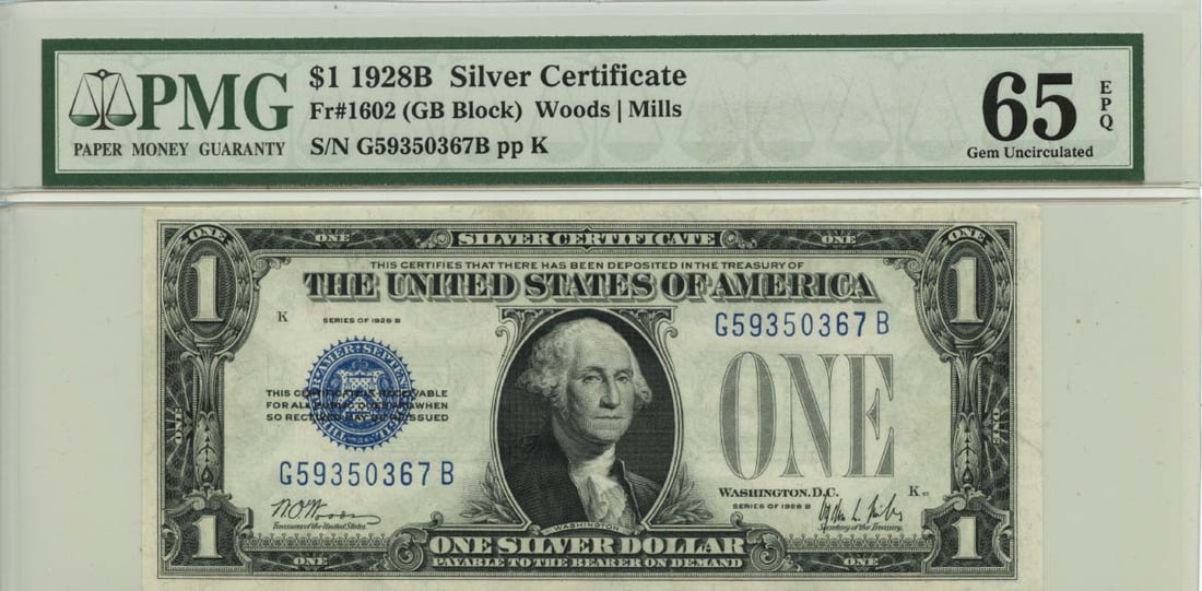 1928B $1 Silver Certificate Blue Seal Fr# 1602 PMG MS65 Gem: 1928B $1 Silver Certificate Blue Seal Fr# 1602 PMG MS65 Gem This 1928B $1 Silver Certificate features a striking blue seal and is classified as Fr# 1602. It has been graded by PMG as Gem65 EPQ, indica