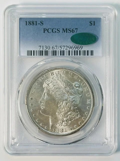 PCGS MS67 CAC 1881-S Morgan Silver Dollar $1: PCGS MS67 CAC 1881-S Morgan Silver Dollar $1 1881-S Morgan Silver Dollar graded MS 67 by PCGS with CAC approval. This pre-owned coin is composed of silver and has a dollar denomination. It is identifi