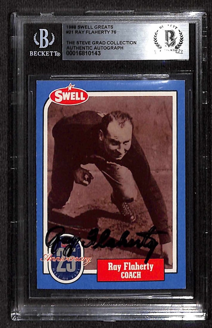 1988 Swell Greats Ray Flaherty Signed Football Card Beckett Authenticated: 1988 Swell Greats Ray Flaherty Signed Football Card Beckett Authenticated This is an original 1988 Swell Greats #21 sports trading card featuring Washington Redskins Head Coach Ray Flaherty. The card 