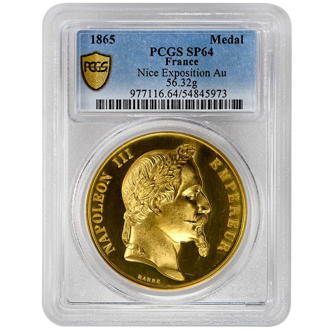 French Gold Napoleon III Medal 1865 PCGS SP64: French Gold Napoleon III Medal 1865 PCGS SP64 This is an 1865 French gold medal featuring Napolean III Empereur. The medal is uncirculated and has been graded SP64 by PCGS. It is composed of gold and 
