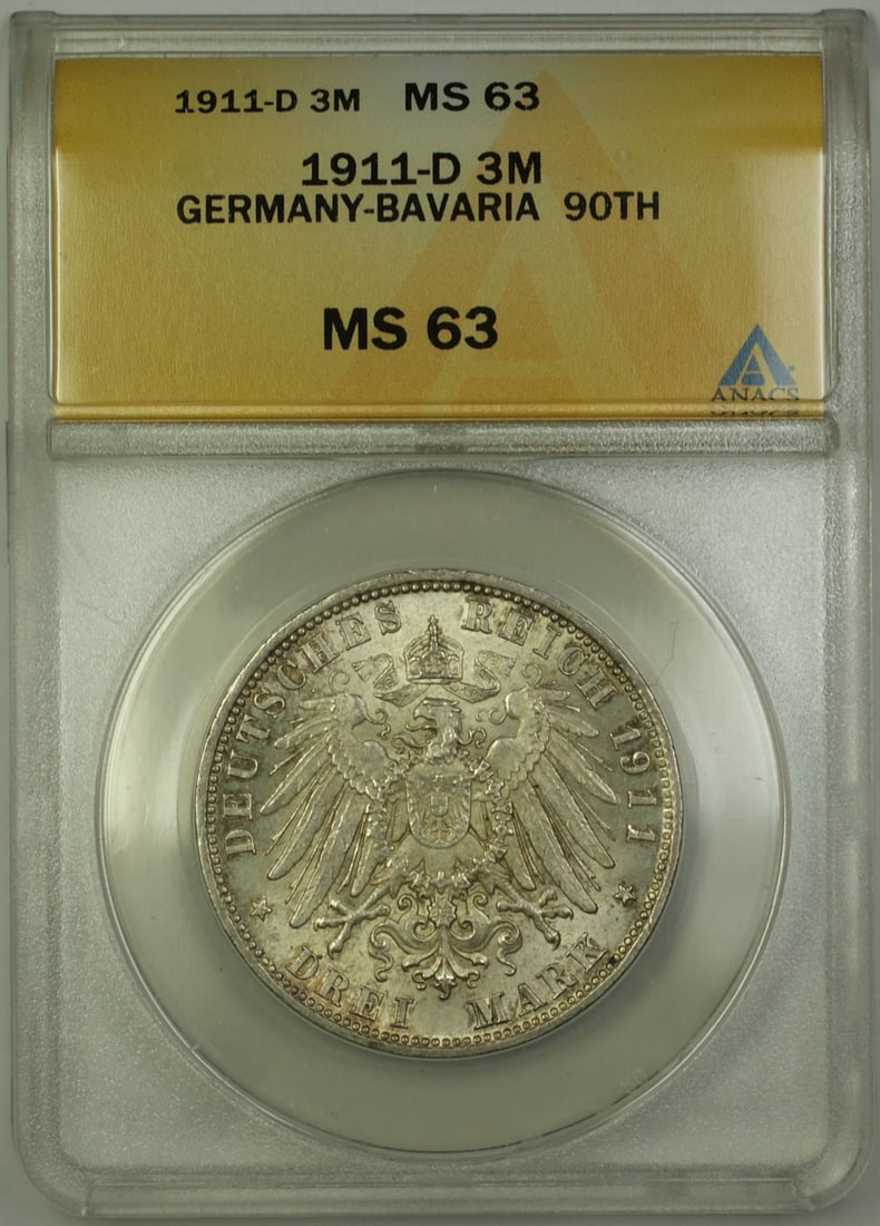 1911-D Bavaria 3 Marks Silver Coin Luitpold 90th Birthday ANACS MS-63: 1911-D Bavaria 3 Marks Silver Coin Luitpold 90th Birthday ANACS MS-63 This 1911-D Germany Bavaria 3 Marks silver coin commemorates the 90th birthday of Luitpold. It is certified by ANACS with a grade 