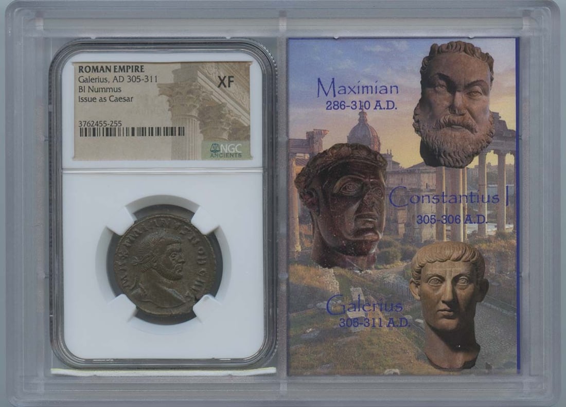 Galerius AD 305-311 Ancient Roman BI Nummus NGC XF40 Certified Coin: Galerius AD 305-311 Ancient Roman BI Nummus NGC XF40 Certified Coin This is an ancient Roman BI Nummus coin from the reign of Galerius, dating from AD 305-311. It has been graded as XF40 by NGC, indic