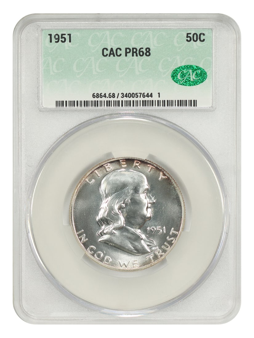 CACG PR68 1951 Franklin Half Dollar 50C Proof: CACG PR68 1951 Franklin Half Dollar 50C Proof 1951 Franklin Half Dollar, denomination 50C, from the Philadelphia Mint and certified by CACG as PR68. This popular and scarce proof issue has a mintage o