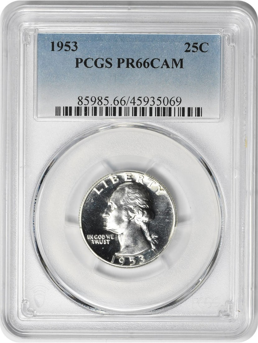 1953 Washington Quarter PR66CAM Uncirculated PCGS 90% Silver: 1953 Washington Quarter PR66CAM Uncirculated PCGS 90% Silver This 1953 Washington Quarter is a stunning example of American numismatic craftsmanship, graded PR66 by PCGS, indicating its high quality a