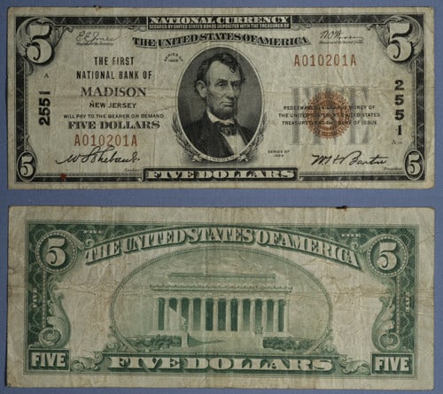 $5 Madison NJ National Bank Note 1929 T-1 Charter 2551 First NB (1 of 1)