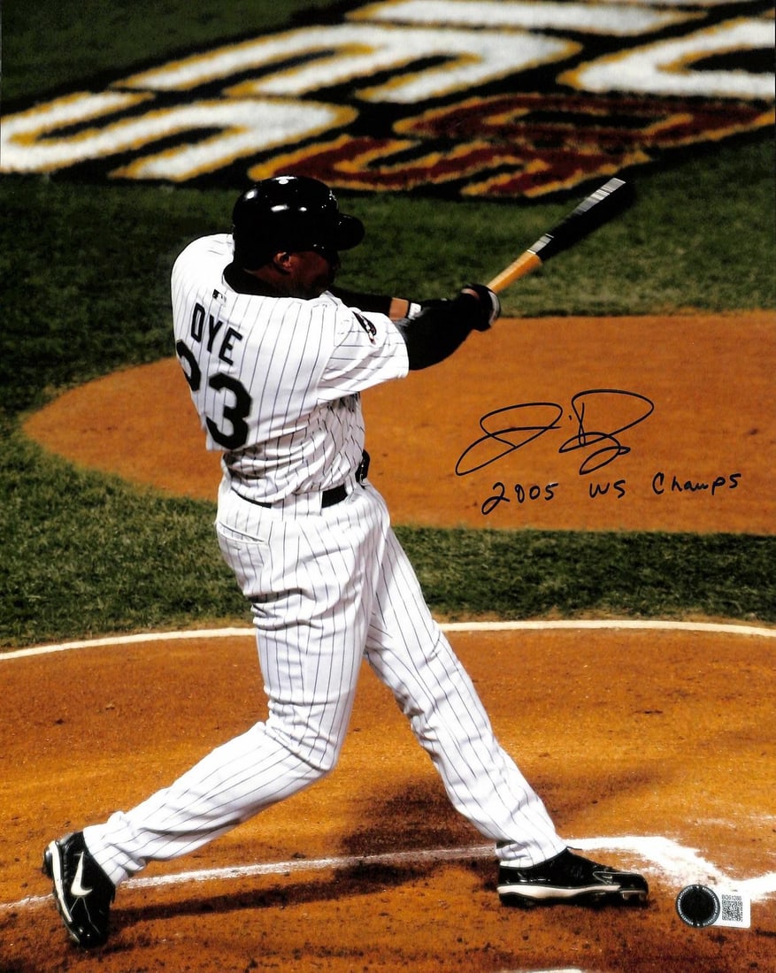 11x14 Jermaine Dye autographed photo 2005 WS Champs Beckett: 11x14 Jermaine Dye autographed photo 2005 WS Champs Beckett This 11x14 action photograph is personally hand-signed by Jermaine Dye and features his inscription "2005 WS Champs." The autograph has been