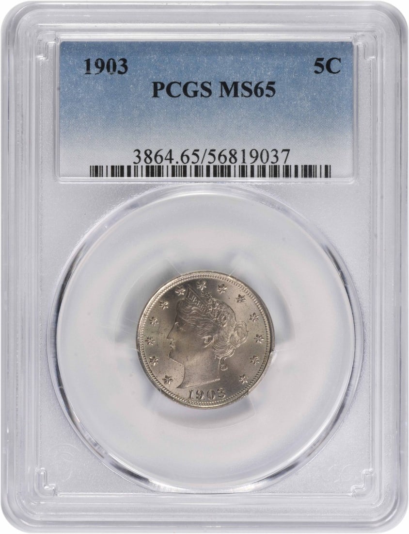 PCGS MS65 1903 Liberty Five Cent Coin United States Uncirculated: PCGS MS65 1903 Liberty Five Cent Coin United States Uncirculated This 1903 Liberty Nickel is graded MS65 by PCGS, indicating an uncirculated condition with exceptional quality. Minted in Philadelphia,