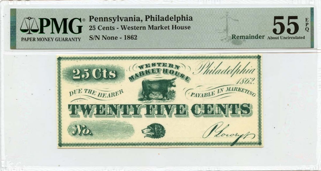 1862 25 Cents Obsolete Note Western Market House NGC AU55: 1862 25 Cents Obsolete Note Western Market House NGC AU55 This 1862 25 Cents Western Market House note from Pennsylvania is a remarkable piece of currency history. Certified by NGC with a grade of AU5