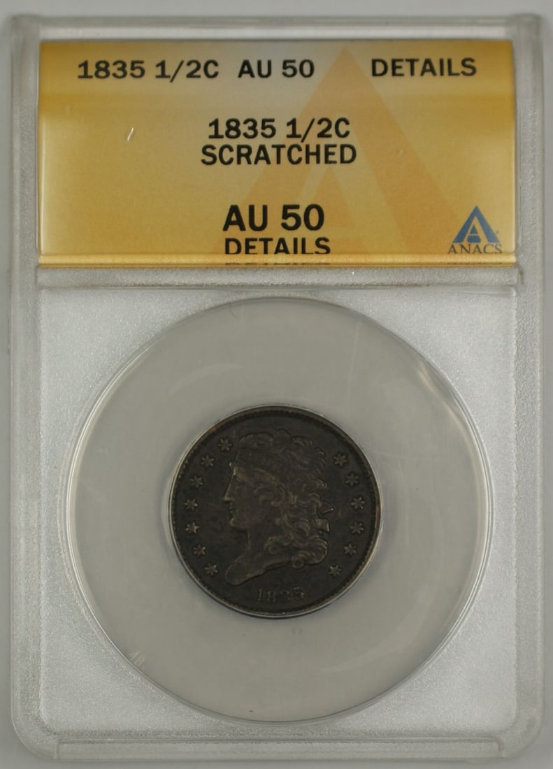 1835 Classic Head Half Cent ANACS AU50 Scratched: 1835 Classic Head Half Cent ANACS AU50 Scratched This 1835 Classic Head Half Cent coin is graded AU 50 Details by ANACS, with noted scratches. Struck in copper, this circulated coin originates from th