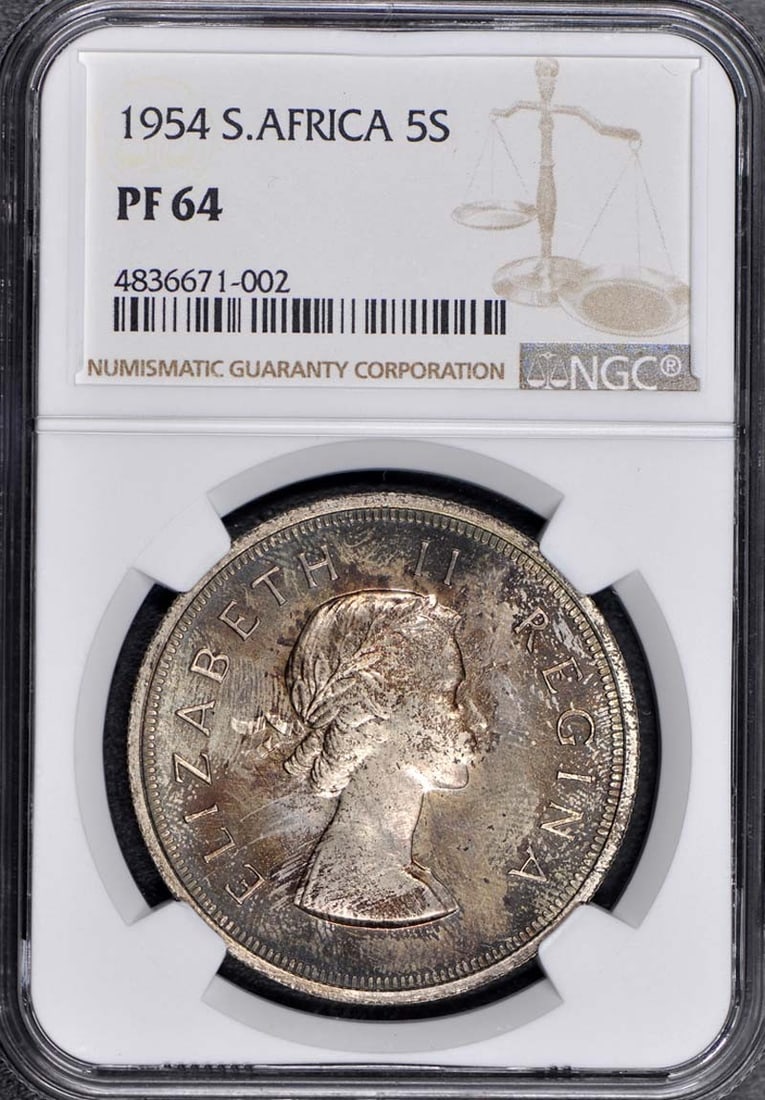 1954 South Africa Proof Coin Set of 9 NGC Certified PR64-66: 1954 South Africa Proof Coin Set of 9 NGC Certified PR64-66 This is an original 9-piece proof coin set from South Africa, dated 1954. The set is uncirculated and has been certified by NGC with grades 
