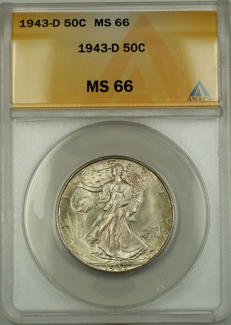 ANACS MS-66 1943-D Walking Liberty half dollar silver: ANACS MS-66 1943-D Walking Liberty half dollar silver This 1943-D Walking Liberty Silver Half Dollar is an uncirculated coin graded MS-66 by ANACS. Struck in Denver, it features attractive toning and 