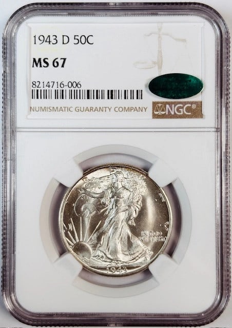 NGC MS67 CAC 1943 Denver Walking Liberty Silver Half Dollar: NGC MS67 CAC 1943 Denver Walking Liberty Silver Half Dollar This is a 1943 D Walking Liberty Half Dollar certified by NGC and CAC with a grade of MS 67. Struck in silver at the Denver Mint, this uncir