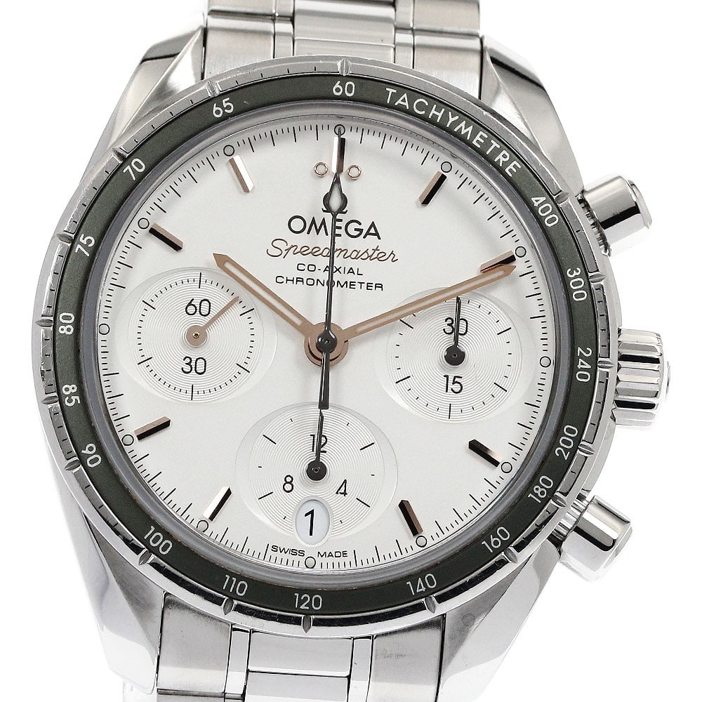 Omega Speedmaster 38 stainless steel automatic chronograph date watch: Omega Speedmaster 38 stainless steel automatic chronograph date watch This OMEGA Speedmaster 38 Co-Axial Chronometer is a men's automatic wristwatch crafted in stainless steel. The watch features a si