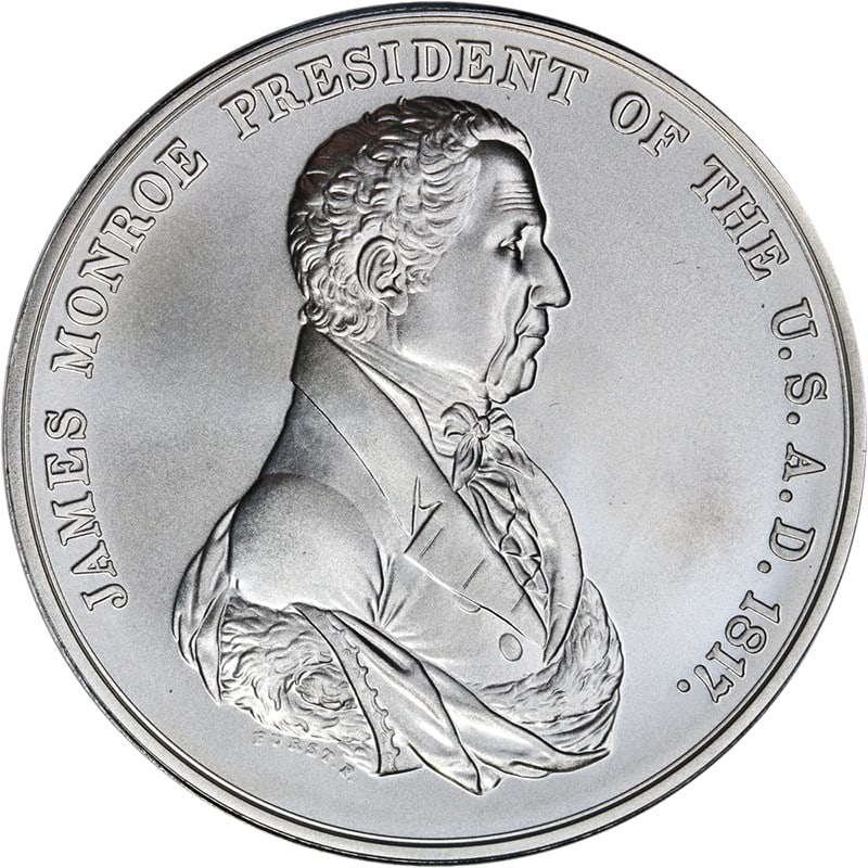 James Monroe U.S. Mint Silver Medal 1 oz .999 OGP COA Uncirculated: James Monroe U.S. Mint Silver Medal 1 oz .999 OGP COA Uncirculated Celebrate American history with the U.S. Mint Presidential Silver Medal Program featuring James Monroe. This stunning 1 oz. silver me