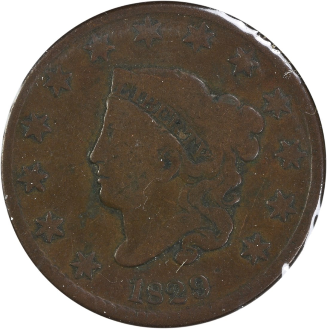 1829 Coronet Head Large Cent N-5 Variety Copper Coin VG Uncertified: 1829 Coronet Head Large Cent N-5 Variety Copper Coin VG Uncertified This 1829 Coronet Head Large Cent is a circulated coin graded VG (Very Good). Struck at the Philadelphia Mint, it features a plain e