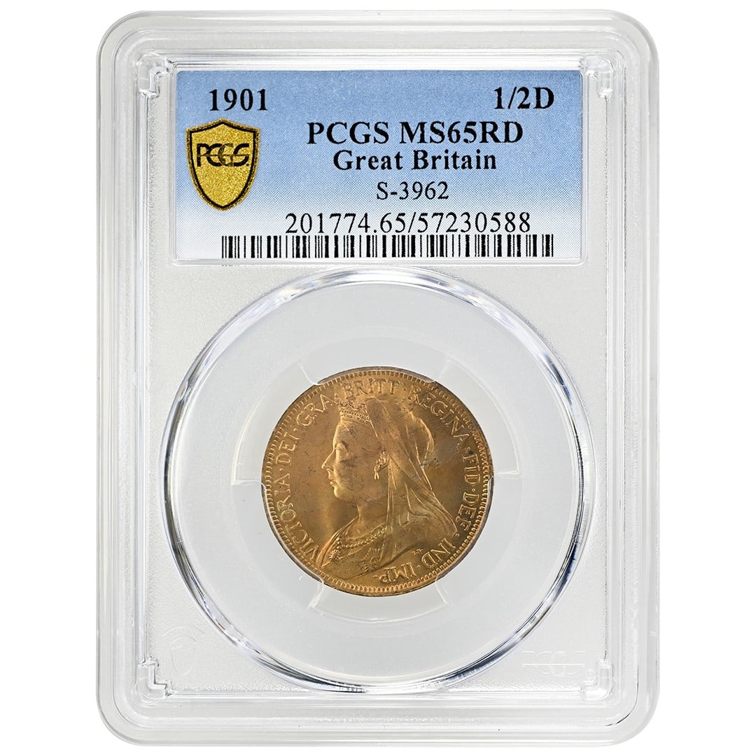 Victoria 1901 Halfpenny PCGS MS65RD Copper: Victoria 1901 Halfpenny PCGS MS65RD Copper This 1901 half penny from the United Kingdom features Queen Victoria and is composed of copper. Graded MS65RD by PCGS, this uncirculated coin presents a high