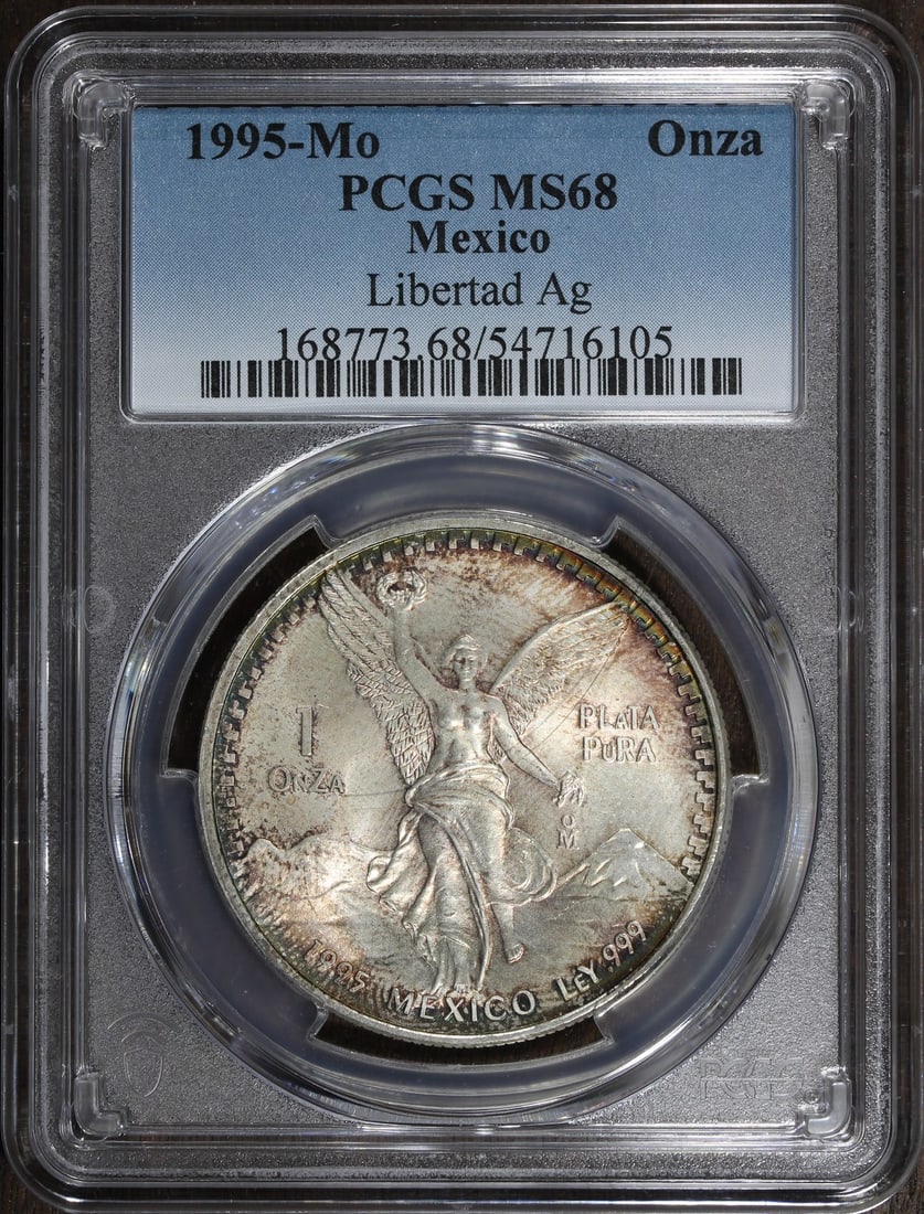 PCGS MS68 1995-Mo Mexico 1 oz Silver Libertad Rainbow Toned Coin (1 of 2)