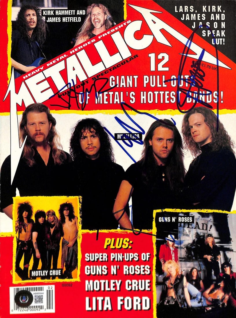 Beckett authenticated Metallica magazine cover signed by Hetfield Ulrich Hammett Newsted (1 of 1)