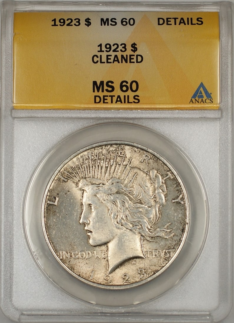 ANACS MS 60 Details 1923 Peace Silver Dollar Philadelphia: ANACS MS 60 Details 1923 Peace Silver Dollar Philadelphia This is a 1923 Peace Silver Dollar graded MS-60 Details by ANACS. The coin has been cleaned and displays light toning. It was minted in Philad