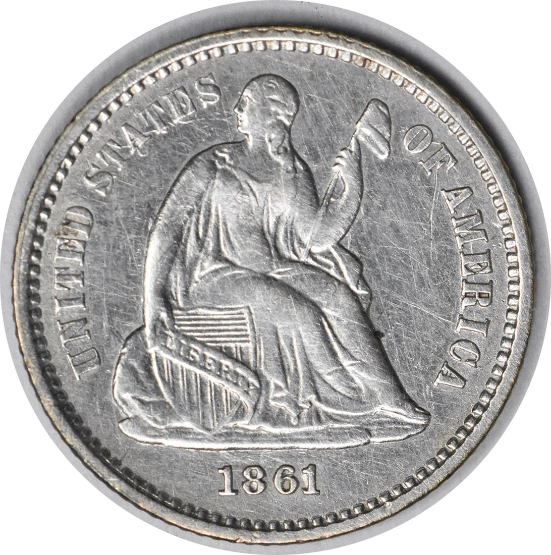 1861 Liberty Seated Half Dime AU Uncertified Silver FS-301: 1861 Liberty Seated Half Dime AU Uncertified Silver FS-301 This 1861/0 Liberty Seated Half Dime FS-301 is a circulated silver coin from the United States. It features the classic Liberty Seated design