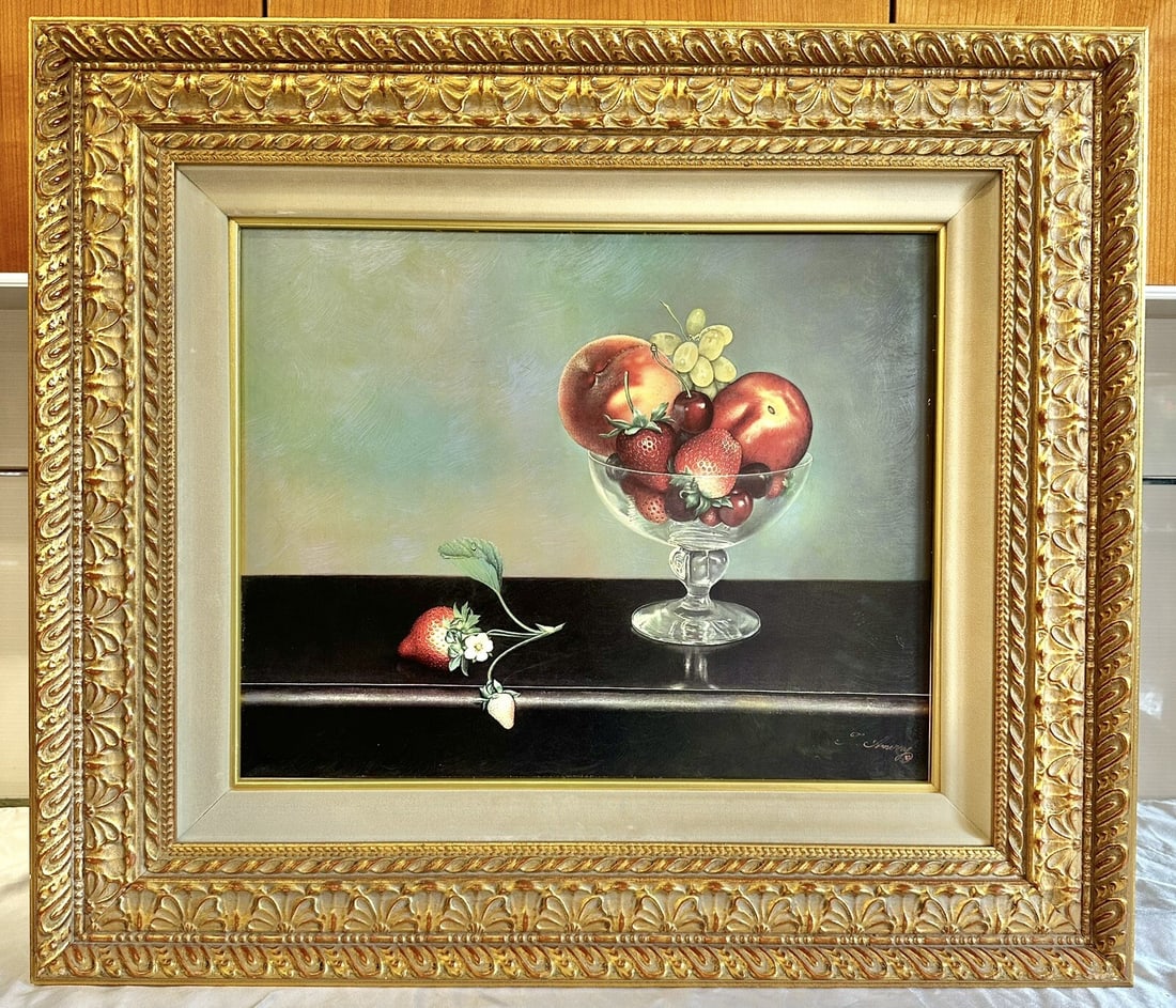 Teimur Amiry Original Oil Painting Bowl of Fruits Signed Framed 29.50x25.50: Teimur Amiry Original Oil Painting Bowl of Fruits Signed Framed 29.50x25.50 Discover this stunning original oil painting on board by renowned California artist Teimur Amiry, showcasing a beautifully d