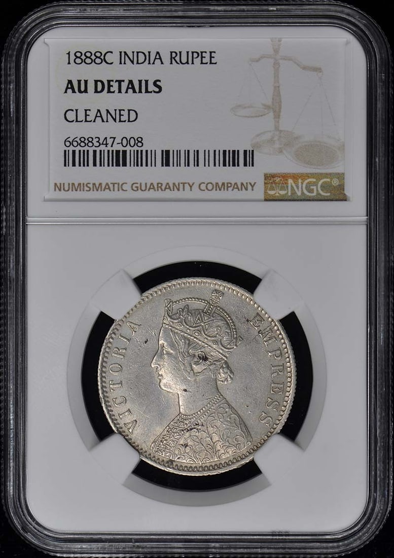 1888 India Rupee NGC AU Details Certified Coin: 1888 India Rupee NGC AU Details Certified Coin This 1888 India Rupee is certified by NGC with a grade of AU Details, indicating it is in uncirculated condition. A remarkable piece for collectors, it s