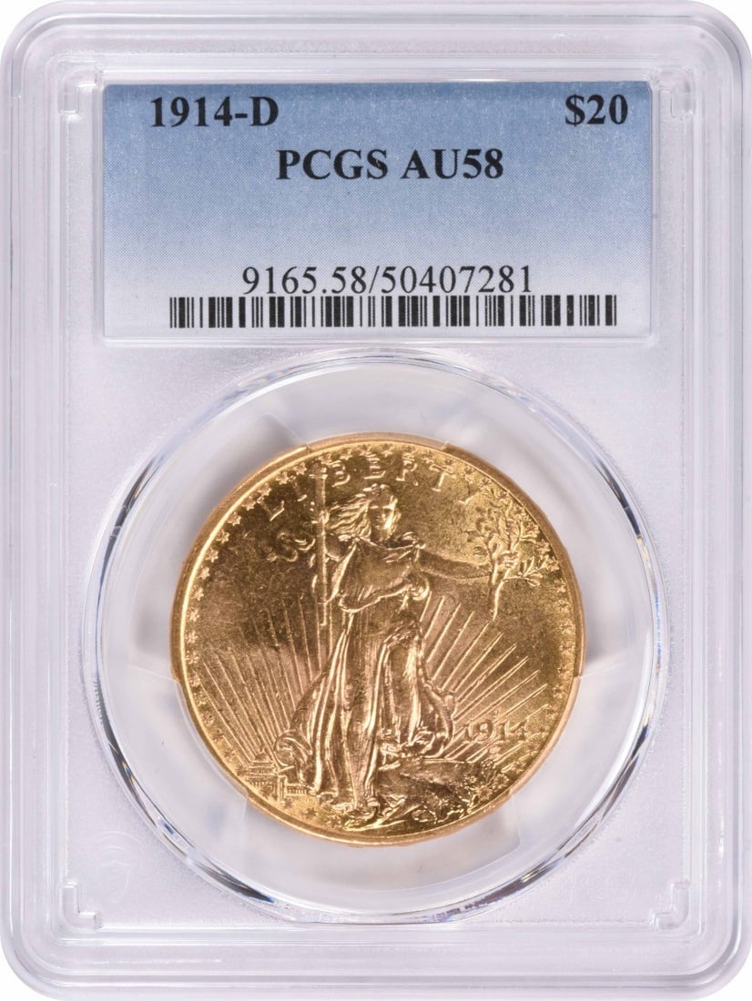PCGS AU58 1914-D Saint-Gaudens $20 Gold Coin: PCGS AU58 1914-D Saint-Gaudens $20 Gold Coin This is a 1914-D $20 Gold St. Gaudens coin graded AU58 by PCGS. Struck at the Denver Mint, this pre-1933 United States gold coin features the iconic design