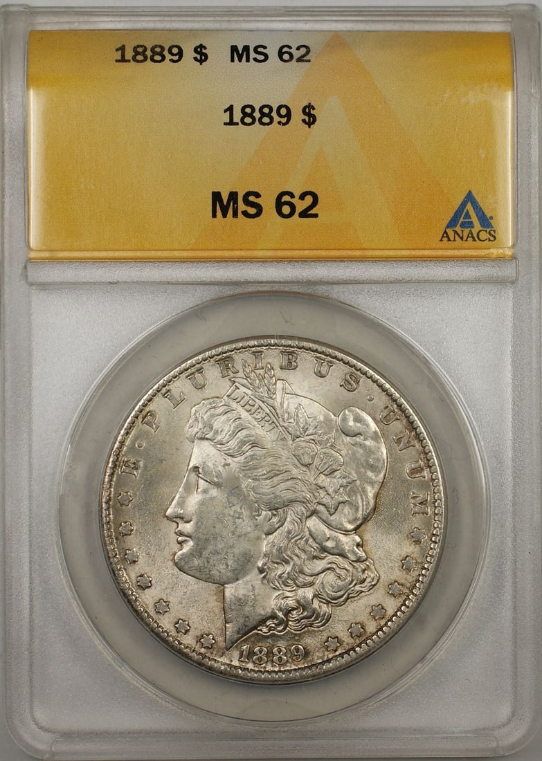ANACS MS 63 Certified 1889 Morgan Silver Dollar from Philadelphia Mint: ANACS MS 63 Certified 1889 Morgan Silver Dollar from Philadelphia Mint This 1889 Morgan Silver Dollar is certified by ANACS with a grade of MS-63. Minted in Philadelphia, it is composed of silver and 