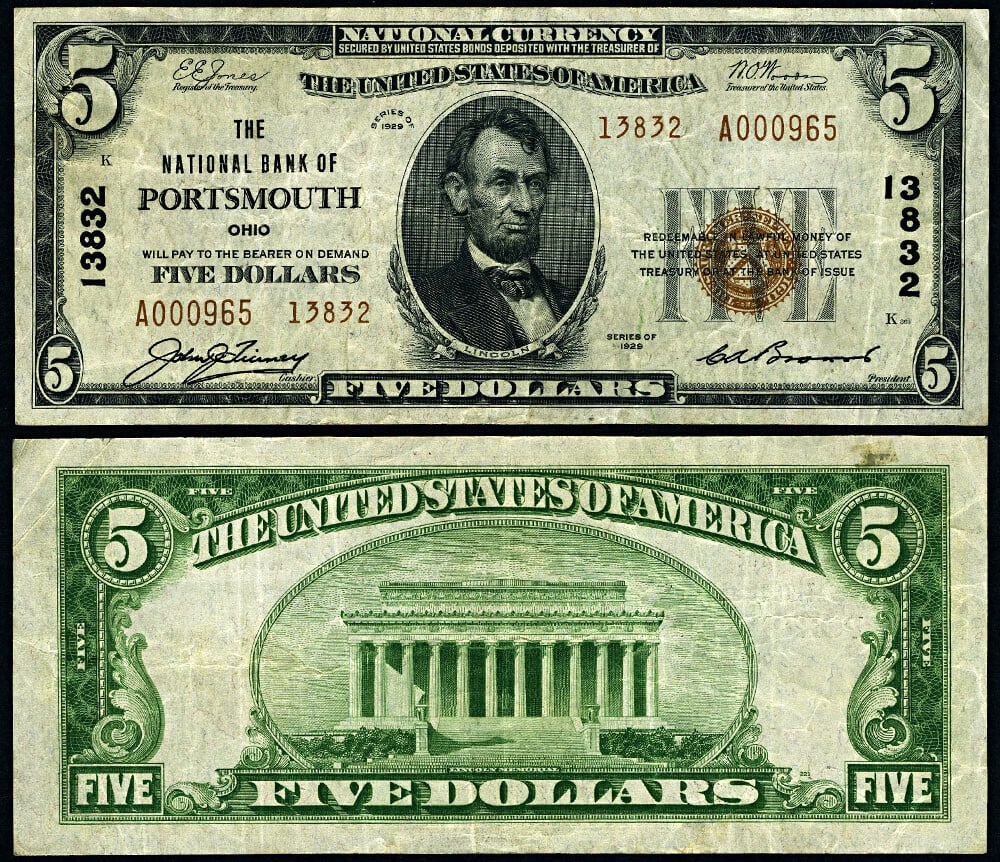 1929 T-2 $5 National Bank Note Portsmouth Ohio Ch #13832: 1929 T-2 $5 National Bank Note Portsmouth Ohio Ch #13832 This 1929 T-2 National Bank Note from Portsmouth, Ohio, features a denomination of $5 and is graded as Very Fine (VF+). This circulated note sh