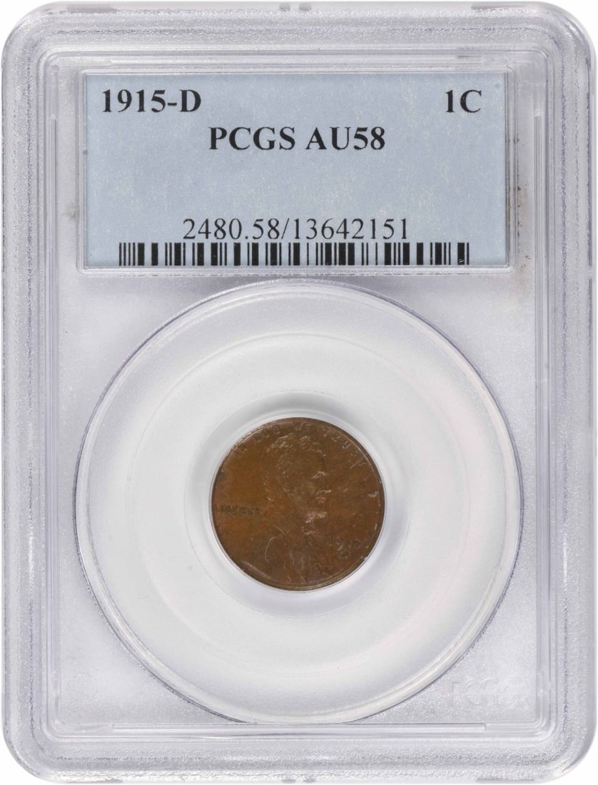 PCGS AU58 1915-D Lincoln Wheat Small Cent: PCGS AU58 1915-D Lincoln Wheat Small Cent A 1915-D Lincoln Wheat Cent certified by PCGS and graded AU58. This pre-owned coin is from the United States and has a copper composition. It is a circulated 