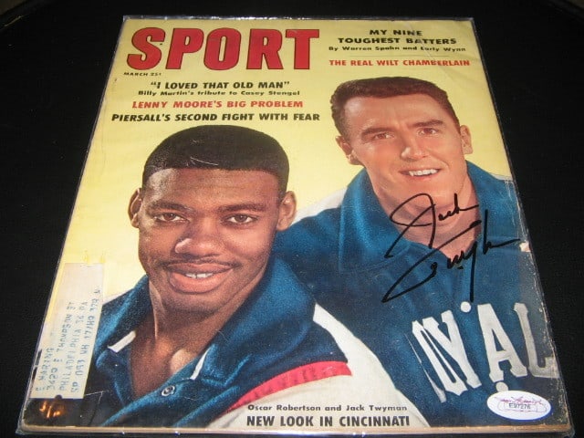 Jack Twyman signed SPORT magazine JSA COA: Jack Twyman signed SPORT magazine JSA COA This is an original Sport Magazine featuring Jack Twyman of the Cincinnati Royals, signed and authenticated by JSA/COA. The magazine highlights basketball con