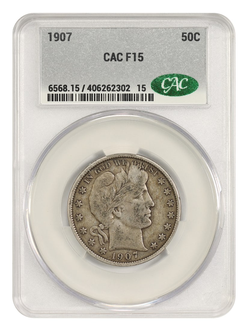 CACG Fine 15 1907 Barber Half Dollar 50C: CACG Fine 15 1907 Barber Half Dollar 50C 1907 Barber Half Dollar, denomination 50C, struck at the Philadelphia Mint. This circulated coin is certified by CACG and graded Fine 15. Certification number 