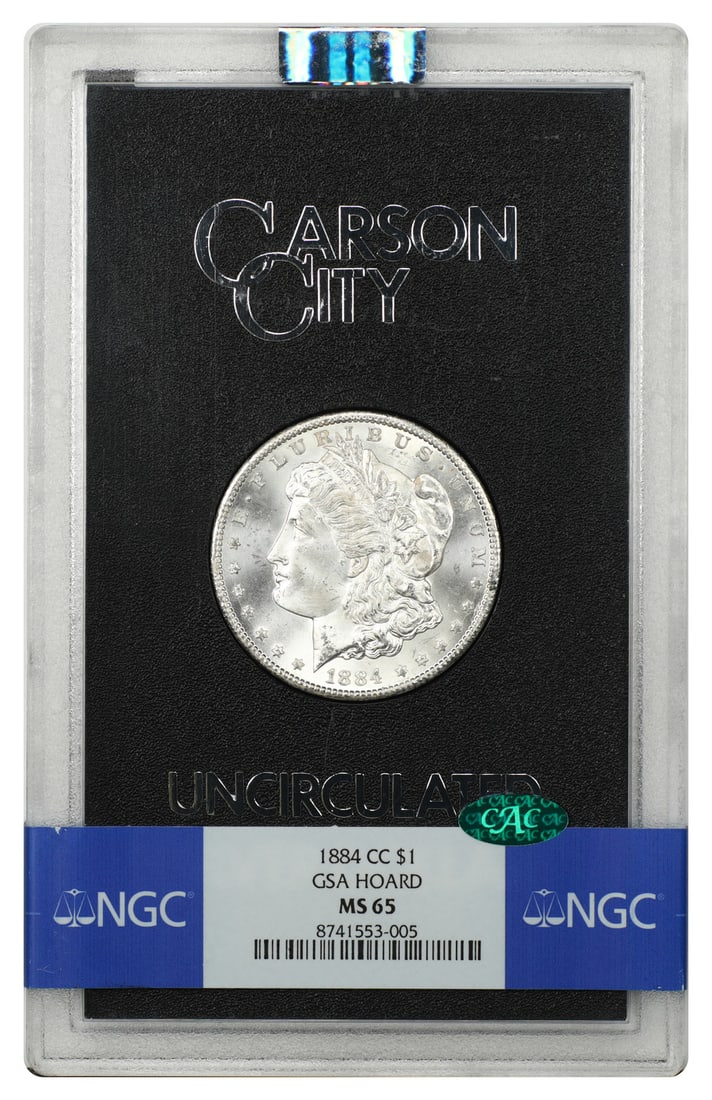 1884 Carson City Morgan Dollar NGC MS65 in GSA Case: 1884 Carson City Morgan Dollar NGC MS65 in GSA Case 1884-CC Morgan Dollar $1 certified by NGC and CAC, housed in the original hard case. This Carson City GSA example is presented as an original piece 