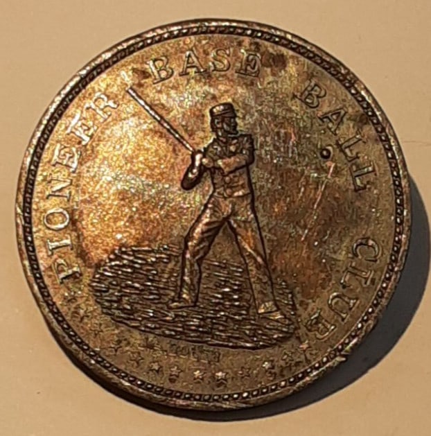 31mm Tin Medallion 1858 Springfield Pioneer Base Ball Club by JA Bolen: 31mm Tin Medallion 1858 Springfield Pioneer Base Ball Club by JA Bolen This 1858 medallion commemorates the Pioneer Base Ball Club of Springfield, Massachusetts. Crafted from tin, this 31mm medal was 