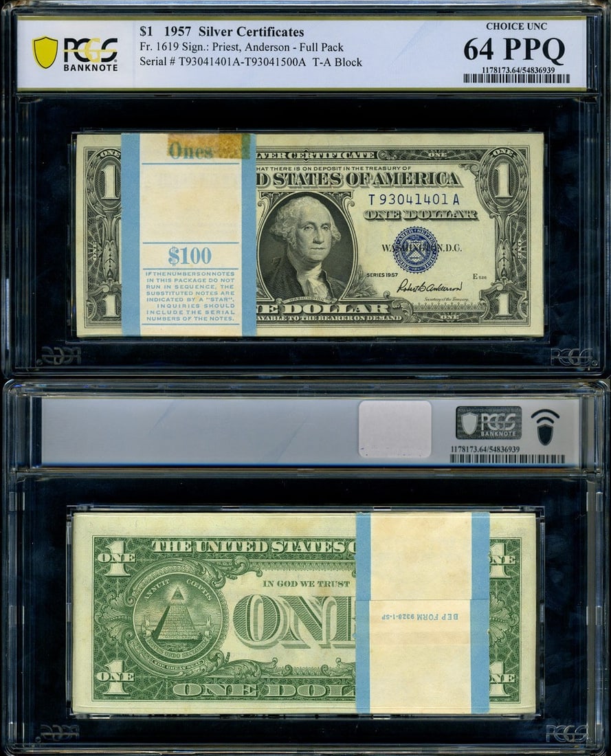 1957 $1 Silver Certificate PCGS Choice CU64 Pack of 100: 1957 $1 Silver Certificate PCGS Choice CU64 Pack of 100 This is a pack of 100 consecutive $1 Silver Certificates from 1957, featuring the T-A Block, graded Choice CU64 PPQ by PCGS. The notes exhibit e