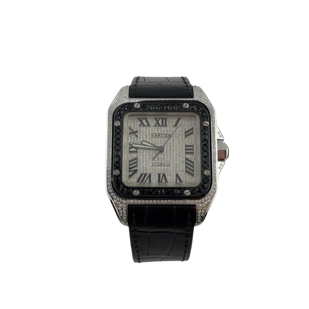 Cartier Men's Santos Reference 2656 Watch Diamond Bezel Aftermarket Roman Dial on Leather: Cartier Men's Santos Reference 2656 Watch Diamond Bezel Aftermarket Roman Dial on Leather This Cartier Santos watch features an aftermarket iced-out Roman dial, a diamond bezel, and comes with its ori