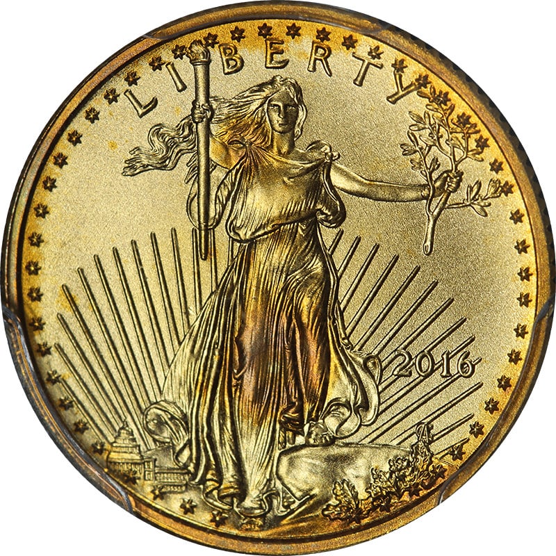 PCGS MS70 First Strike 2016 $5 Gold American Eagle 30th Anniversary: PCGS MS70 First Strike 2016 $5 Gold American Eagle 30th Anniversary 2016 Gold American Eagle $5 coin graded PCGS MS70 First Strike 30th Anniversary. This uncirculated gold coin is described as having 