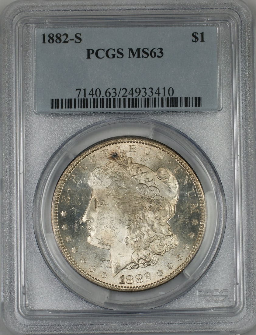 PCGS MS63 1882 San Francisco Morgan Silver Dollar Uncirculated Coin: PCGS MS63 1882 San Francisco Morgan Silver Dollar Uncirculated Coin This is an 1882-S Morgan Silver Dollar $1 coin, certified by PCGS with a grade of MS-63. Minted in San Francisco, this uncirculated 
